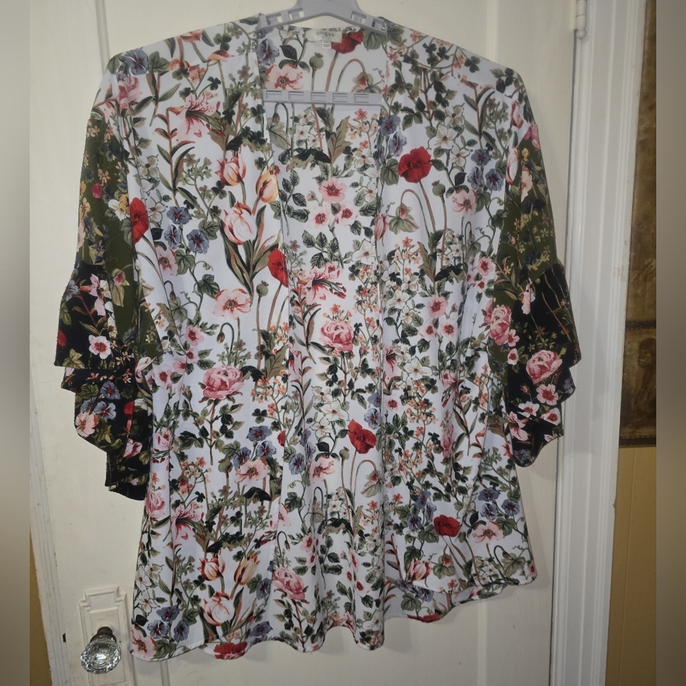 Umgee Floral Ruffle Sleeve  Long Duster Kimono Open Front  Multi-Color  Size M/L - Picture 3 of 12